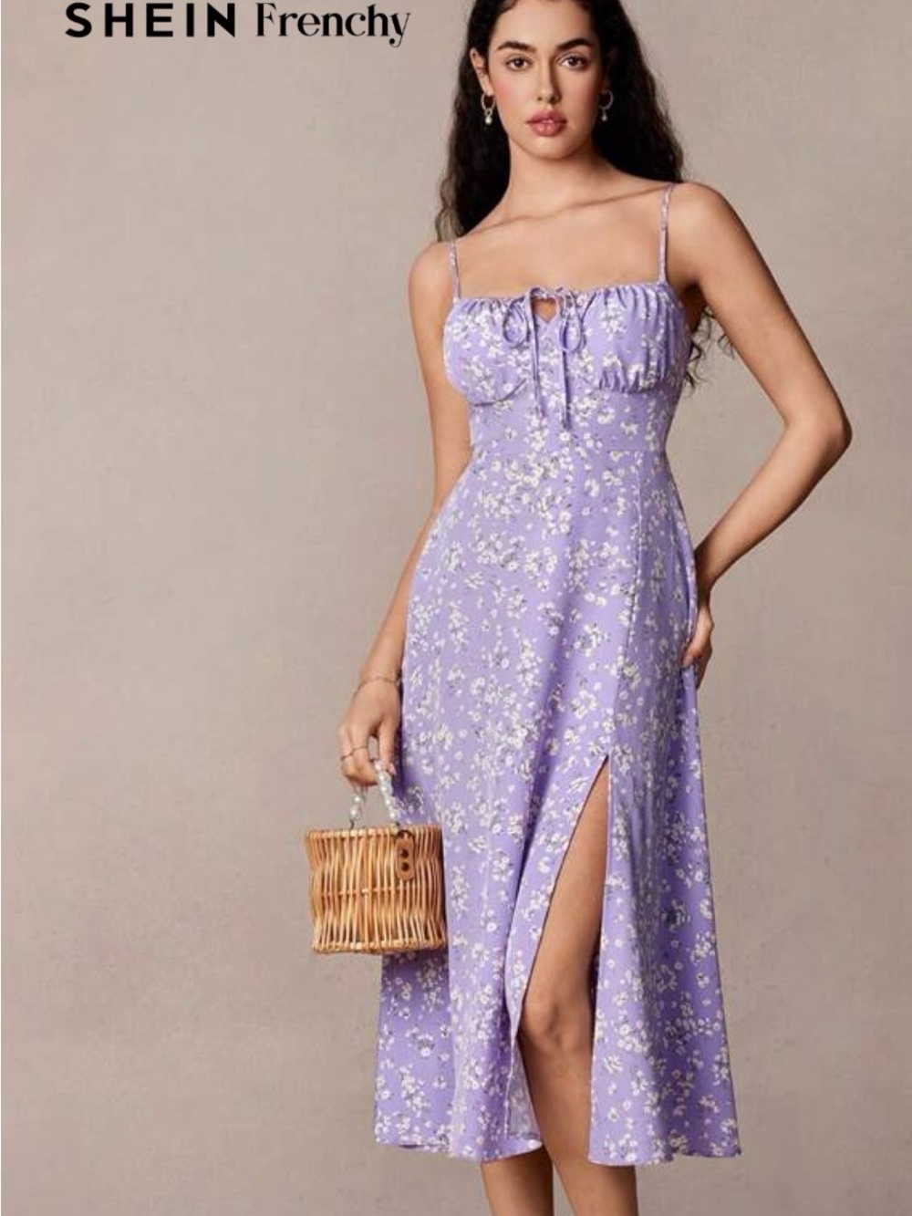 SHEIN Frenchy Lilac Purple Ditsy Floral Tie Front Slit Midi Cami Dress Size Lrg